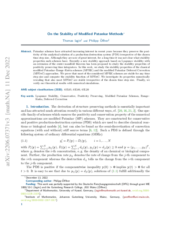 (PDF) On the Stability of Modified Patankar Methods