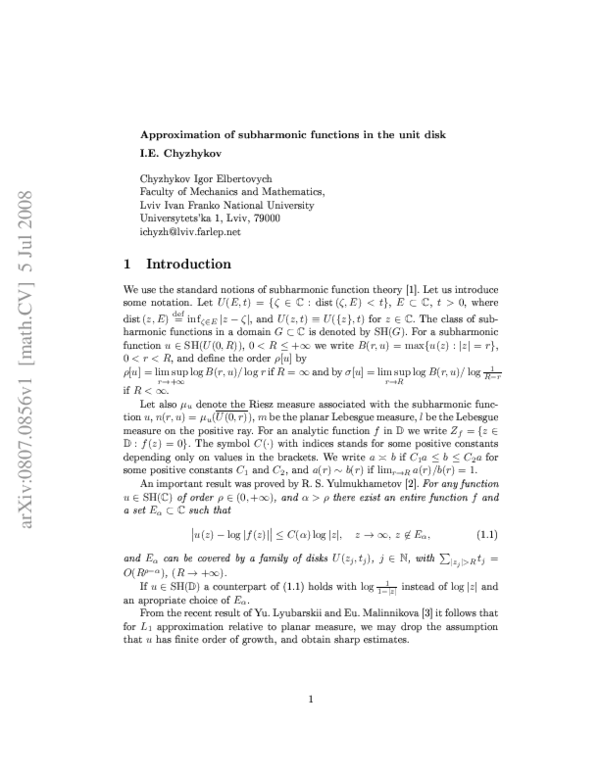 (PDF) Approximation of subharmonic functions in the unit disk