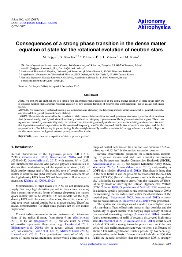 (PDF) Consequences of a strong phase transition in the dense matter ...