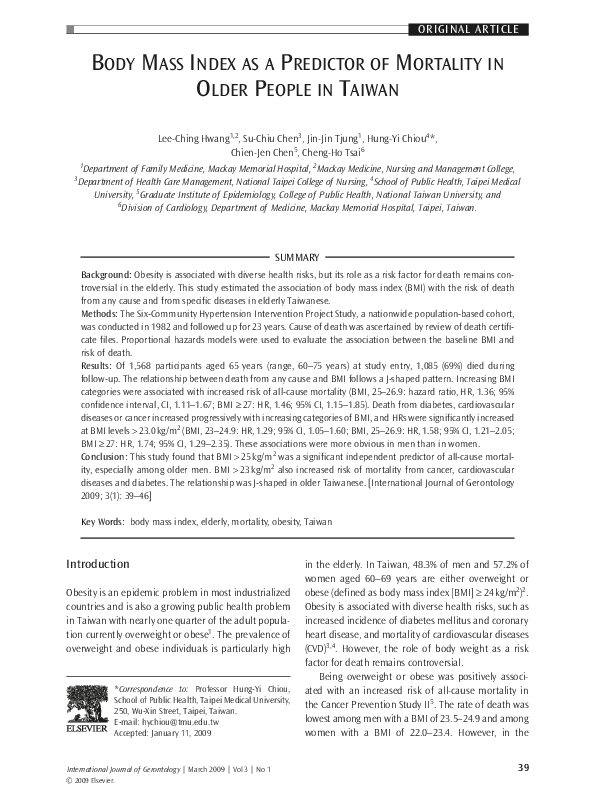 (PDF) Body Mass Index as a Predictor of Mortality in Older People in Taiwan