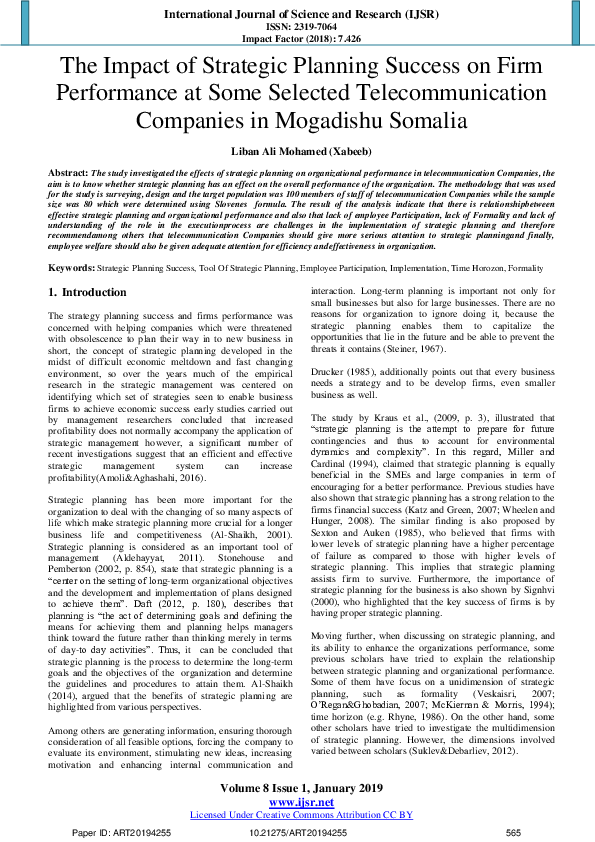 (PDF) The Impact of Strategic Planning Success on Firm Performance at ...