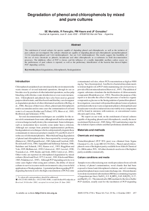 (PDF) Degradation of phenol and chlorophenols by mixed and pure cultures
