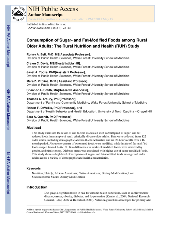(PDF) Consumption of Sugar-and Fat-Modified Foods Among Rural Older Adults