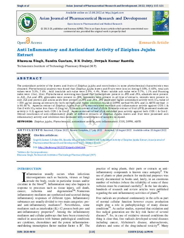 (PDF) Anti Inflammatory and Antioxidant Activity of Ziziphus Jujuba Extract