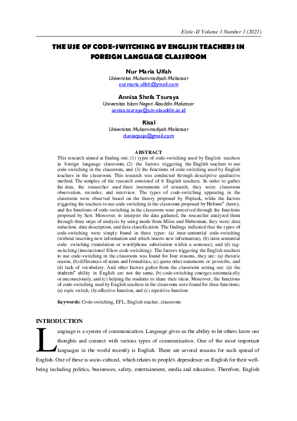 (PDF) The Use of Code-Switching by English Teachers in Foreign Language ...
