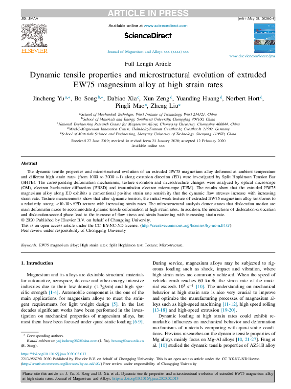 (PDF) Dynamic tensile properties and microstructural evolution of ...