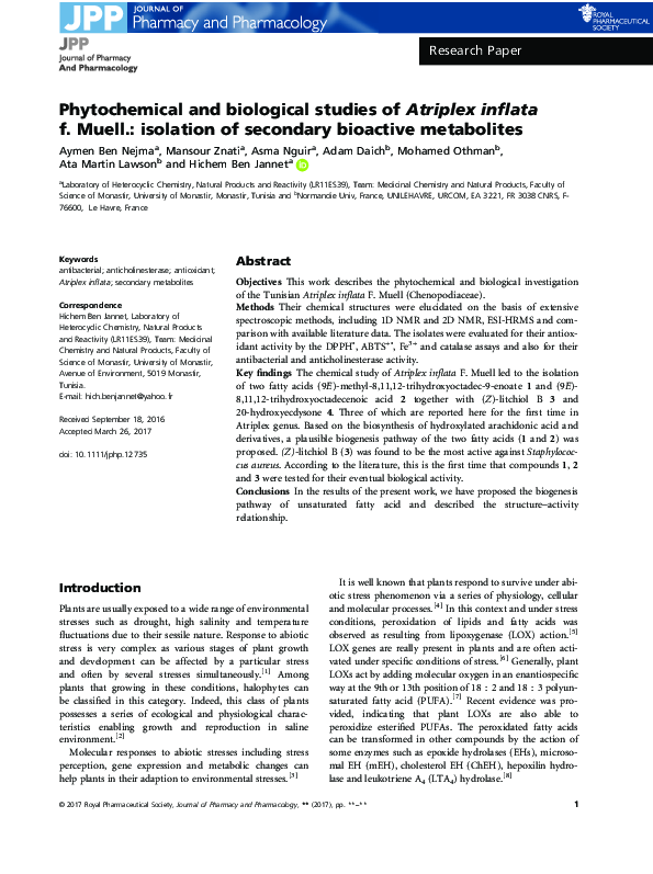 (PDF) Phytochemical and biological studies of Atriplex inflata f. Muell ...