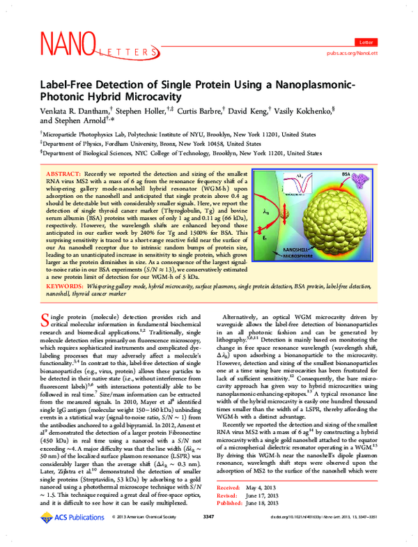 (PDF) LabelFree Detection of Single Protein Using a NanoplasmonicPhotonic Hybrid Microcavity