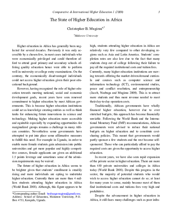 (PDF) The State of Higher Education in Africa