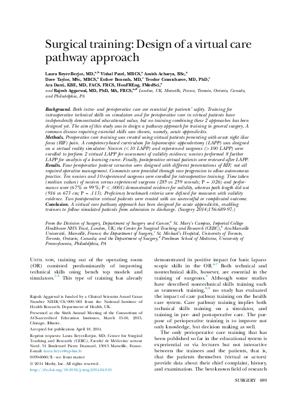 (PDF) Surgical training: Design of a virtual care pathway approach