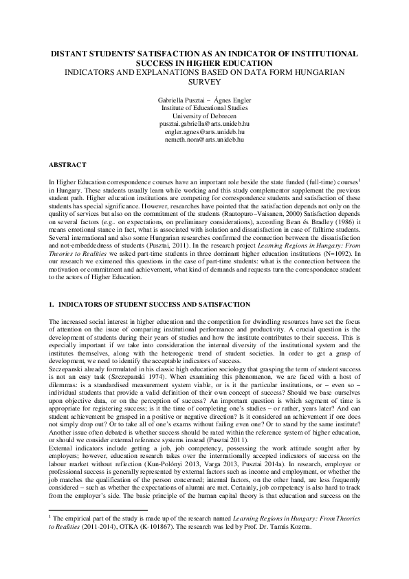 (PDF) Distant students’ satisfaction as an indicator of institutional ...