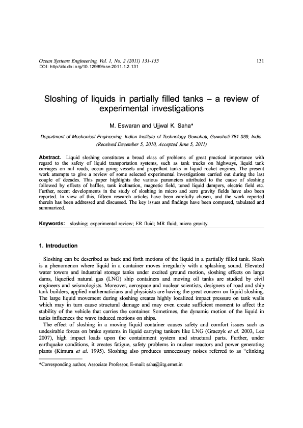 (PDF) Sloshing of liquids in partially filled tanks - a review of ...
