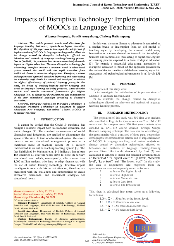 (PDF) Impacts of Disruptive Technology: Implementation of MOOCs in ...
