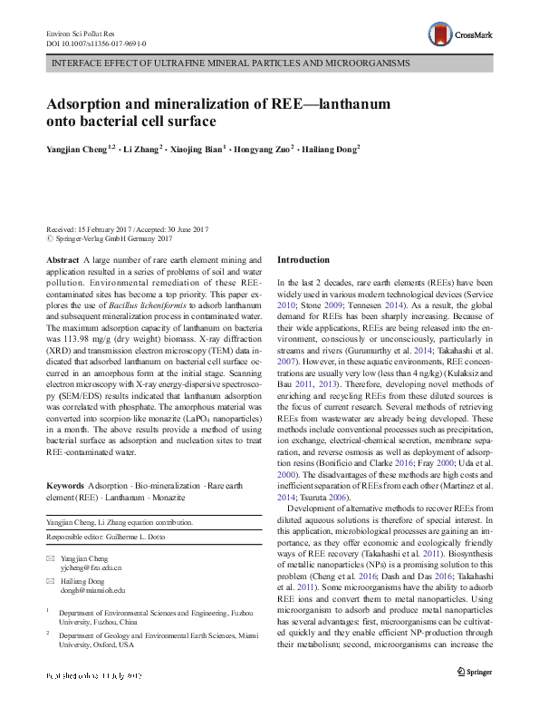 (PDF) Adsorption and mineralization of REE-lanthanum onto bacterial ...