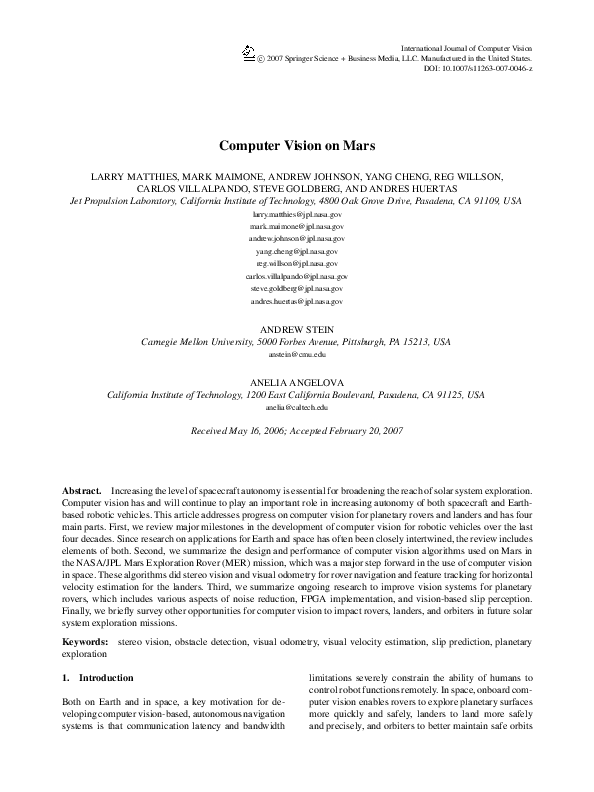 (PDF) Computer Vision on Mars