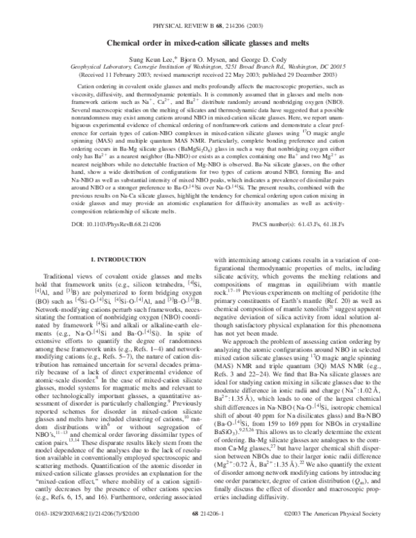Pdf Chemical Order In Mixed Cation Silicate Glasses And Melts