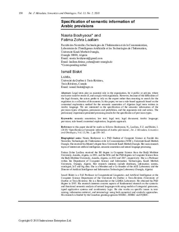 (PDF) Specification of semantic information of Arabic provisions