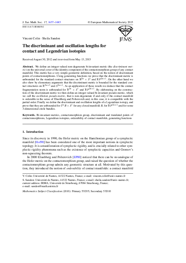 (PDF) The discriminant and oscillation lengths for contact and ...