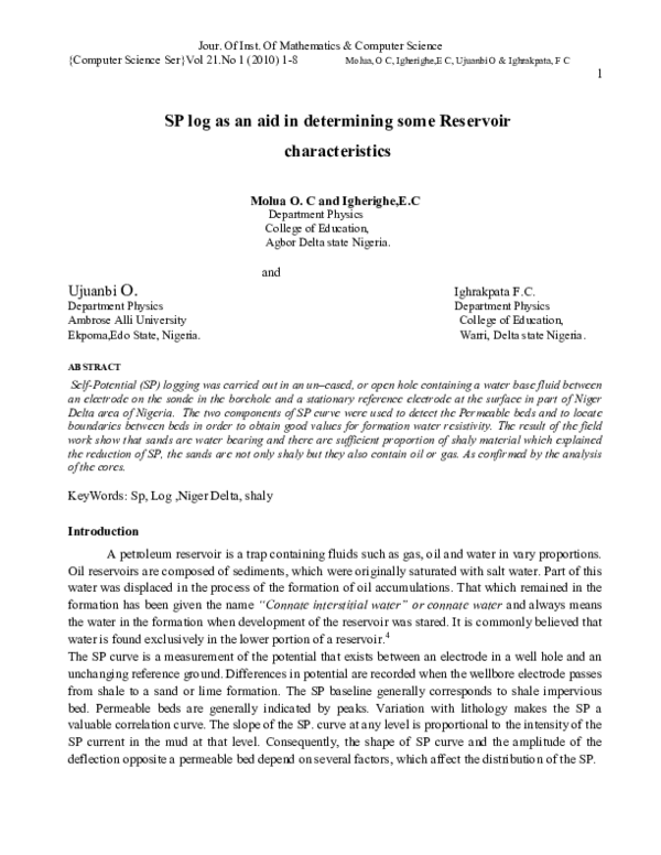 (PDF) SP log as an aid in determining some Reservoir
