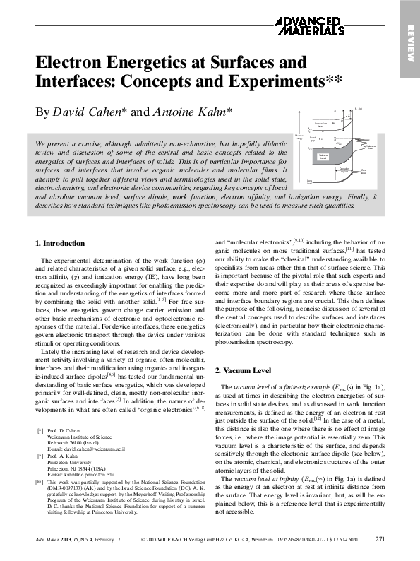 (PDF) Electron Energetics at Surfaces and Interfaces Concepts and