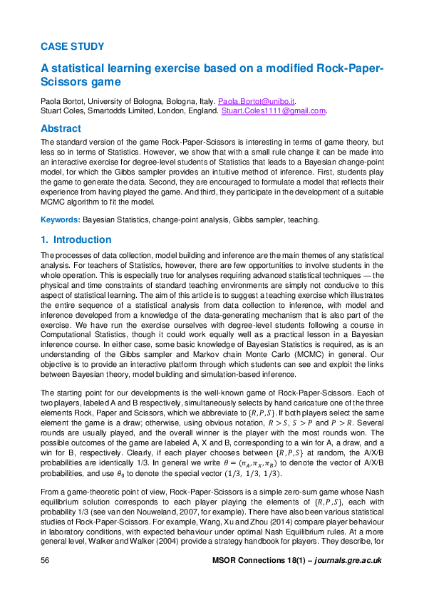(PDF) A statistical learning exercise based on a modified Rock-Paper ...