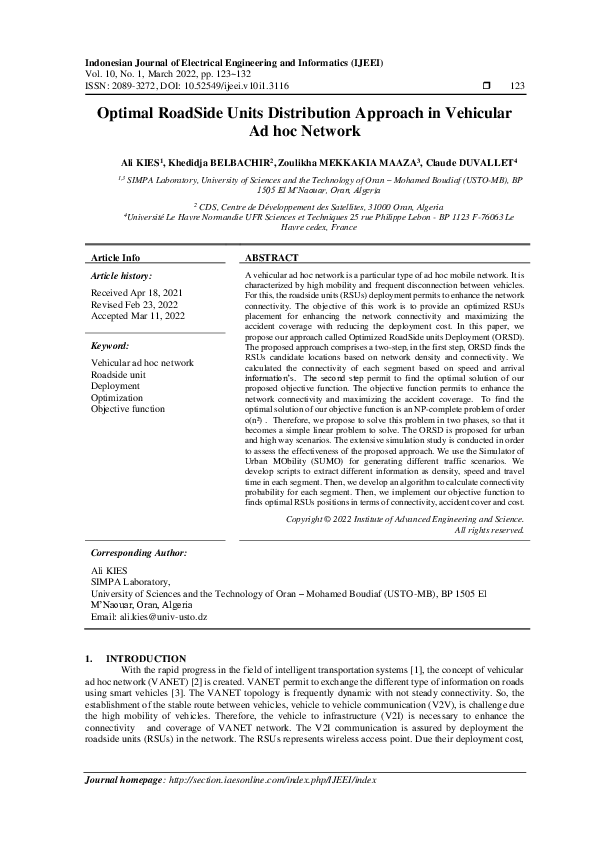 (PDF) Optimal RoadSide Units Distribution Approach in Vehicular Ad hoc ...