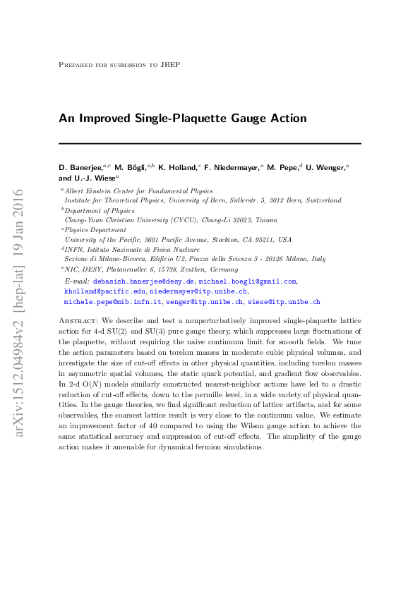 (PDF) An improved singleplaquette gauge action Debasish Banerjee