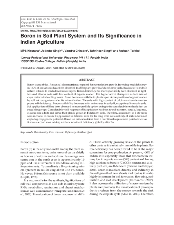 (PDF) Boron in Soil Plant System and Its Significance in Indian