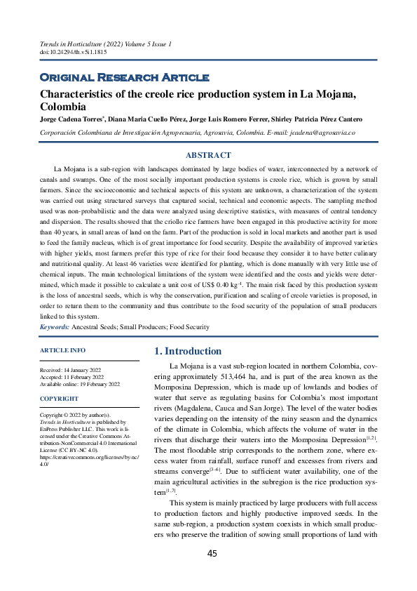 (PDF) Characteristics of the creole rice production system in La Mojana ...