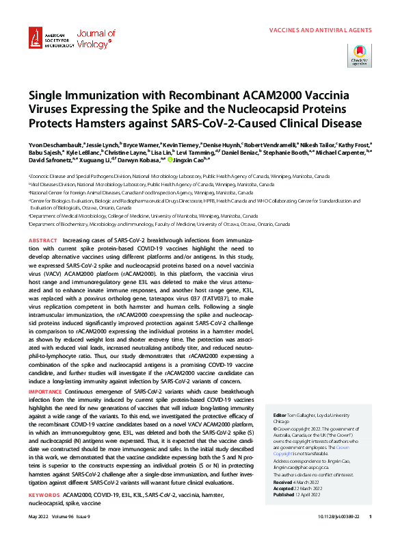 (PDF) Single Immunization with Recombinant ACAM2000 Vaccinia Viruses ...