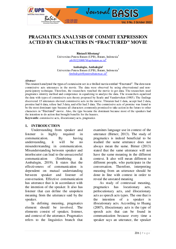(PDF) Pragmatics Analysis of Commit Expression Acted by Characters in ...