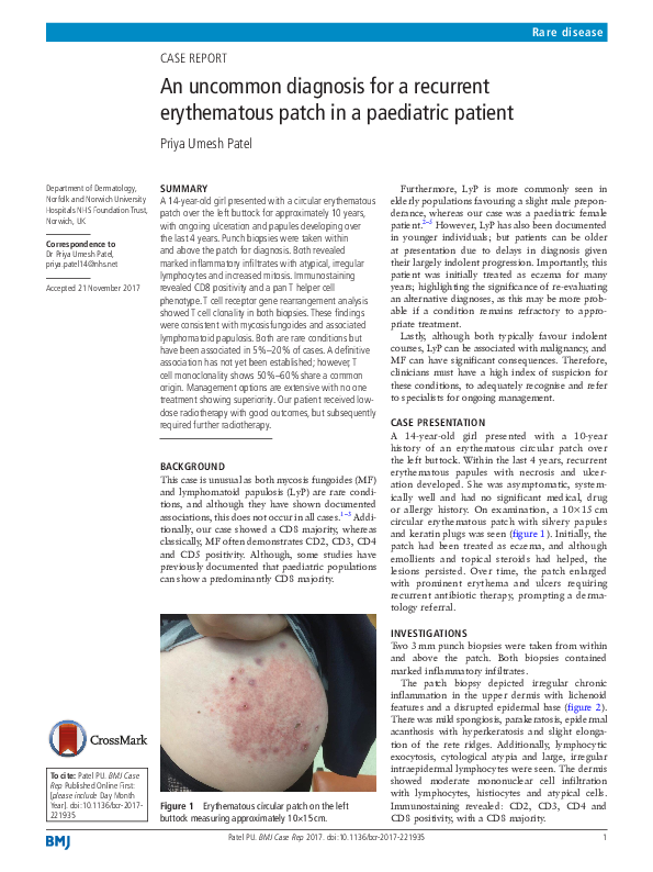 (PDF) An uncommon diagnosis for a recurrent erythematous patch in a ...