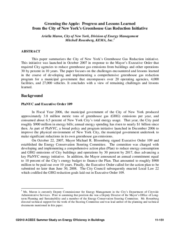 (PDF) Greening the Apple: Progress and Lessons Learned from the City of ...