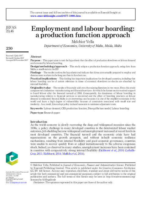 (PDF) Employment Functions and the Measurement of Labour Hoarding