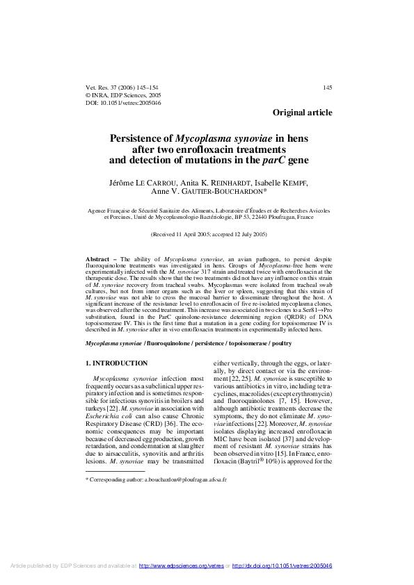 (PDF) Persistence of Mycoplasma synoviae in hens after two enrofloxacin ...
