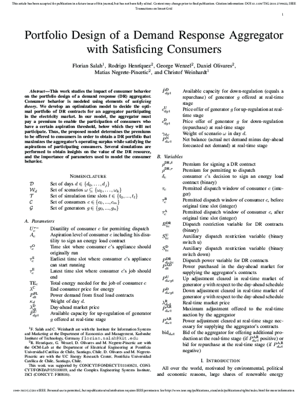 (PDF) Portfolio Design of a Demand Response Aggregator With Satisficing ...