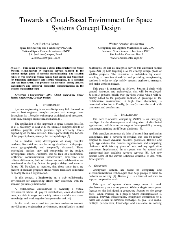 (PDF) Towards a cloud-based environment for space systems concept design