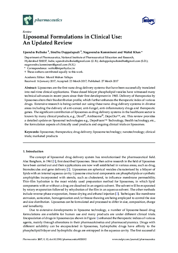 (PDF) Liposomal Formulations in Clinical Use: An Updated Review
