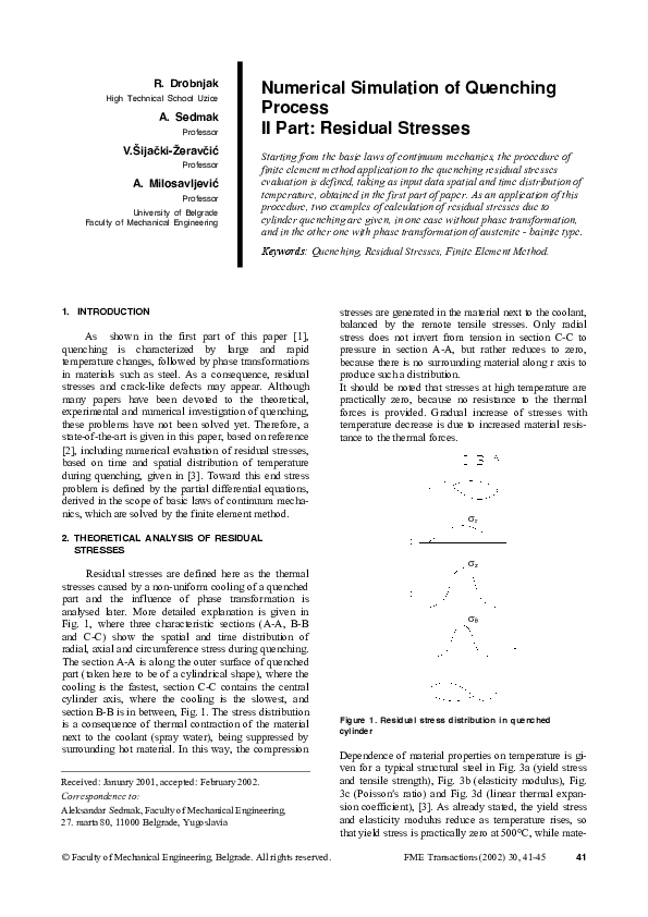 (PDF) Numerical Simulation of Quenching Process II Part: Residual Stresses