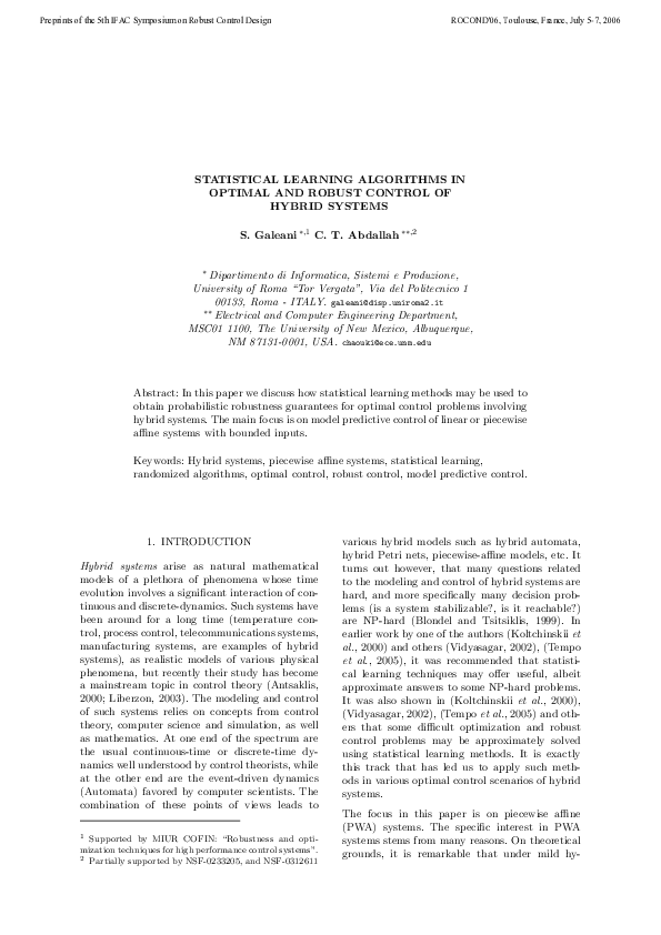 (PDF) Statistical Learning Algorithms in Optimal and Robust Control of ...