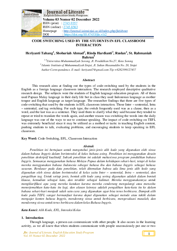 (PDF) Code Switching Used by the Students in Efl Classroom Interaction