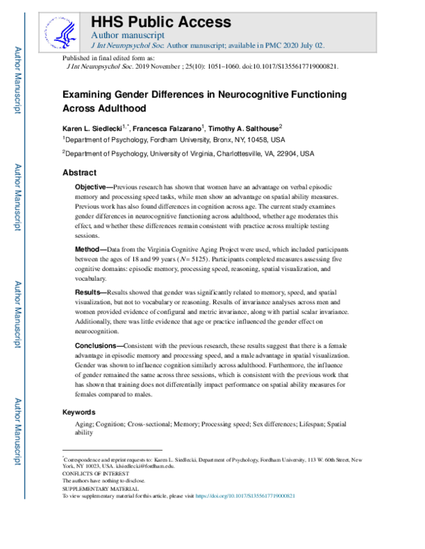 (PDF) Examining Gender Differences in Neurocognitive Functioning Across ...