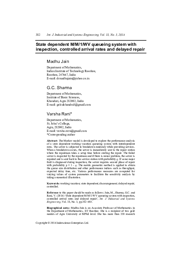 (PDF) State dependent M/M/1/WV queueing system with inspection ...