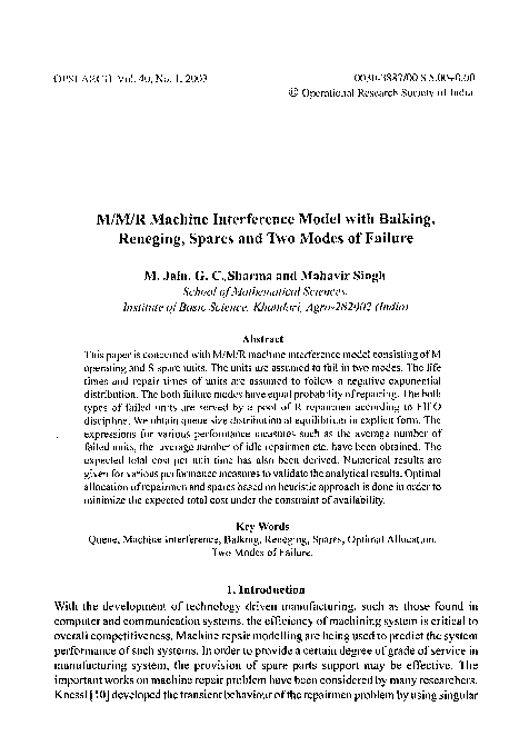 (PDF) M/M/R Machine Interference Model with Balking, Reneging, Spares ...
