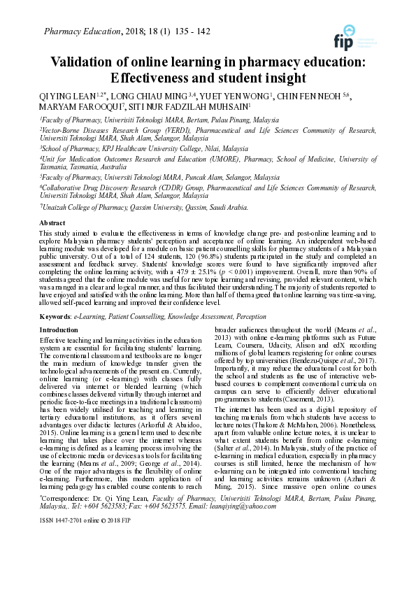 (PDF) Validation of online learning in pharmacy education ...