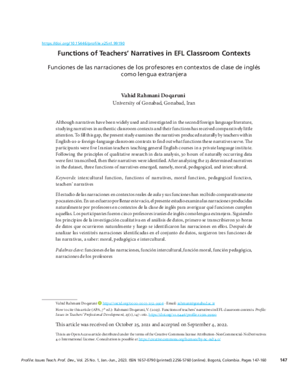 (PDF) Functions of Teachers' Narratives in EFL Classroom Contexts