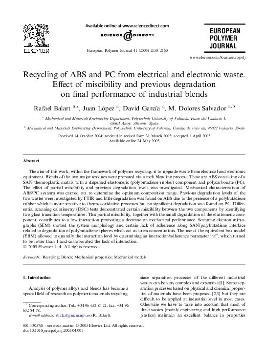 (PDF) Recycling of ABS and PC from electrical and electronic waste ...