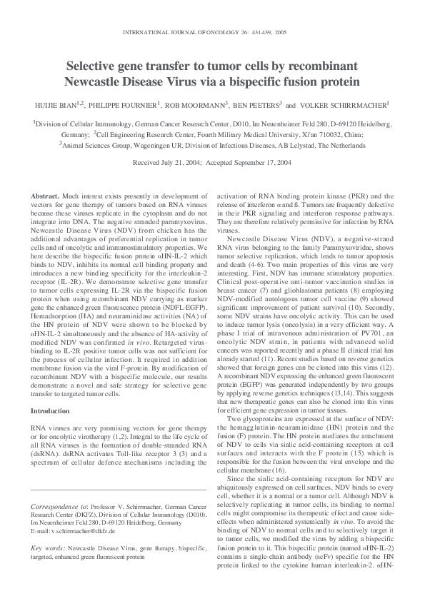 (PDF) Selective gene transfer to tumor cells by recombinant Newcastle ...