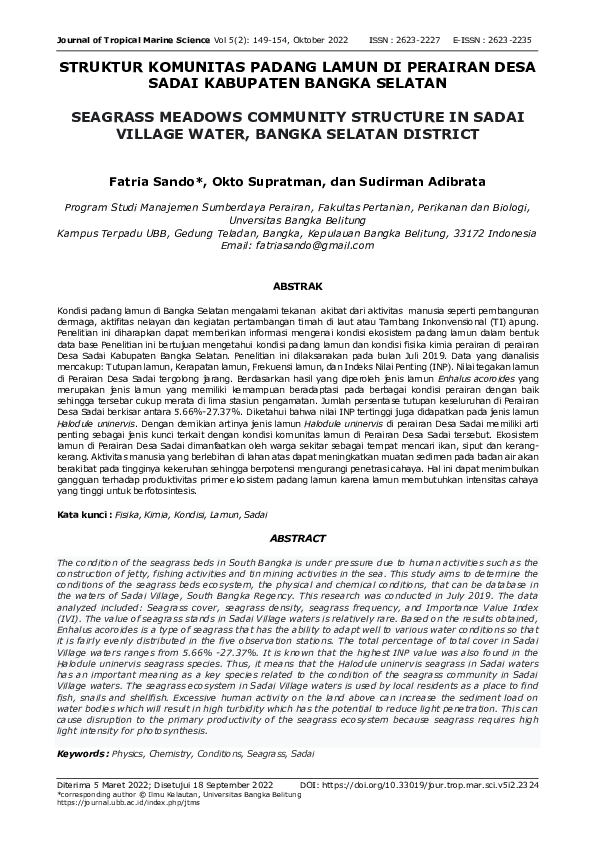 (PDF) Struktur Komunitas Padang Lamun Di Perairan Desa Sadai Kabupaten ...