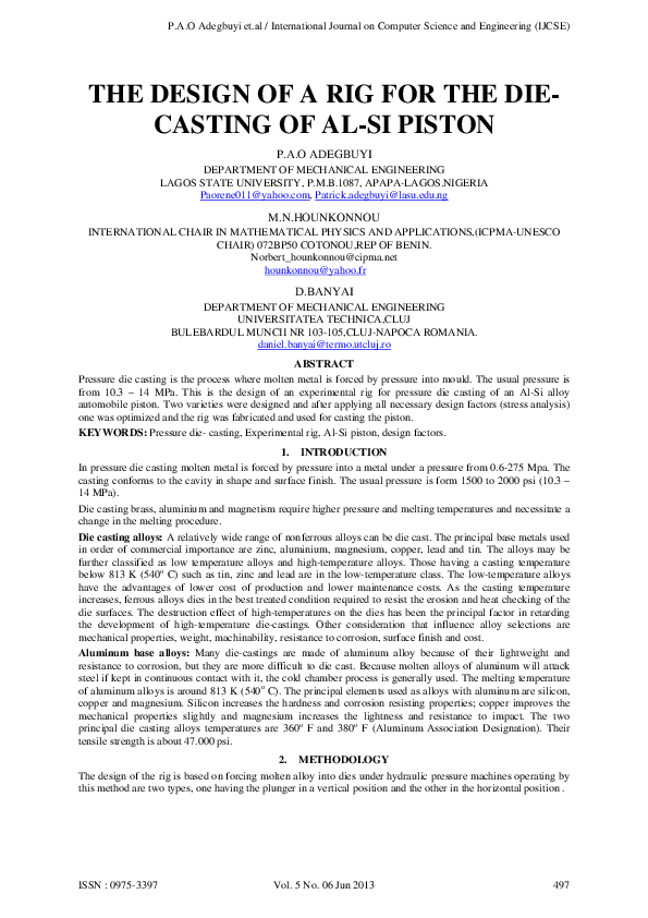(PDF) The Design of a Rig for the Diecasting of Al-Si Piston